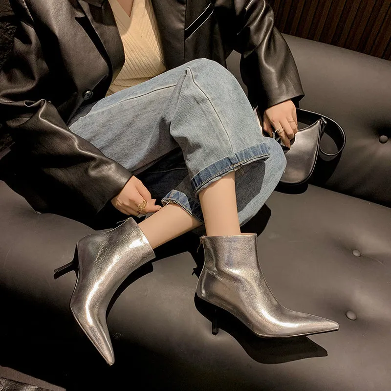 Silver High Heel Ankle Boots