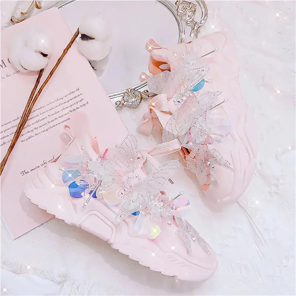 Sohiwoo Sweet Sports Style Shoes Cosplay Victoria Kawaii Girl  Round  Head  Mesh  Transparent Sequins Butterfly Thick Bottom Shoes