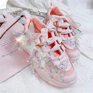 Sohiwoo Sweet Sports Style Shoes Cosplay Victoria Kawaii Girl  Round  Head  Mesh  Transparent Sequins Butterfly Thick Bottom Shoes