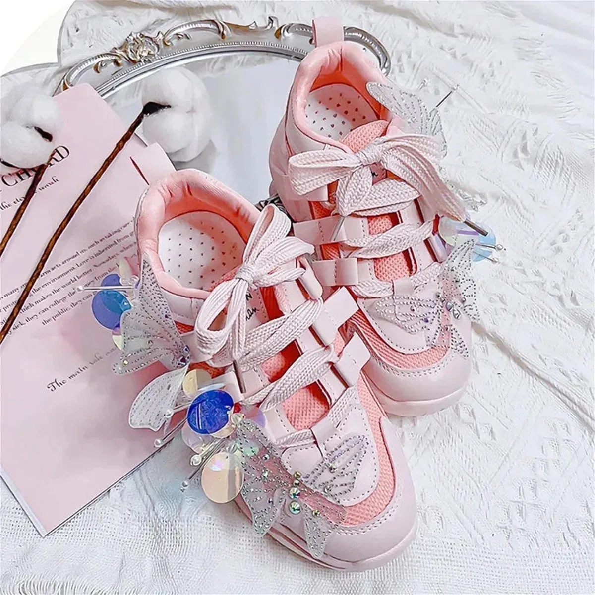 Sohiwoo Sweet Sports Style Shoes Cosplay Victoria Kawaii Girl  Round  Head  Mesh  Transparent Sequins Butterfly Thick Bottom Shoes
