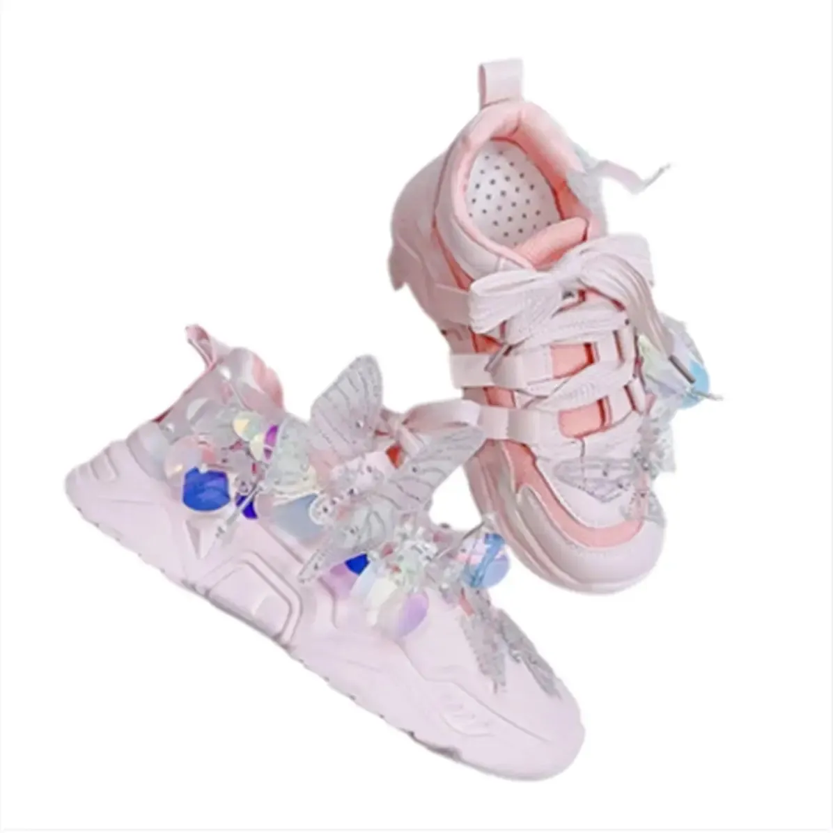Sohiwoo Sweet Sports Style Shoes Cosplay Victoria Kawaii Girl  Round  Head  Mesh  Transparent Sequins Butterfly Thick Bottom Shoes