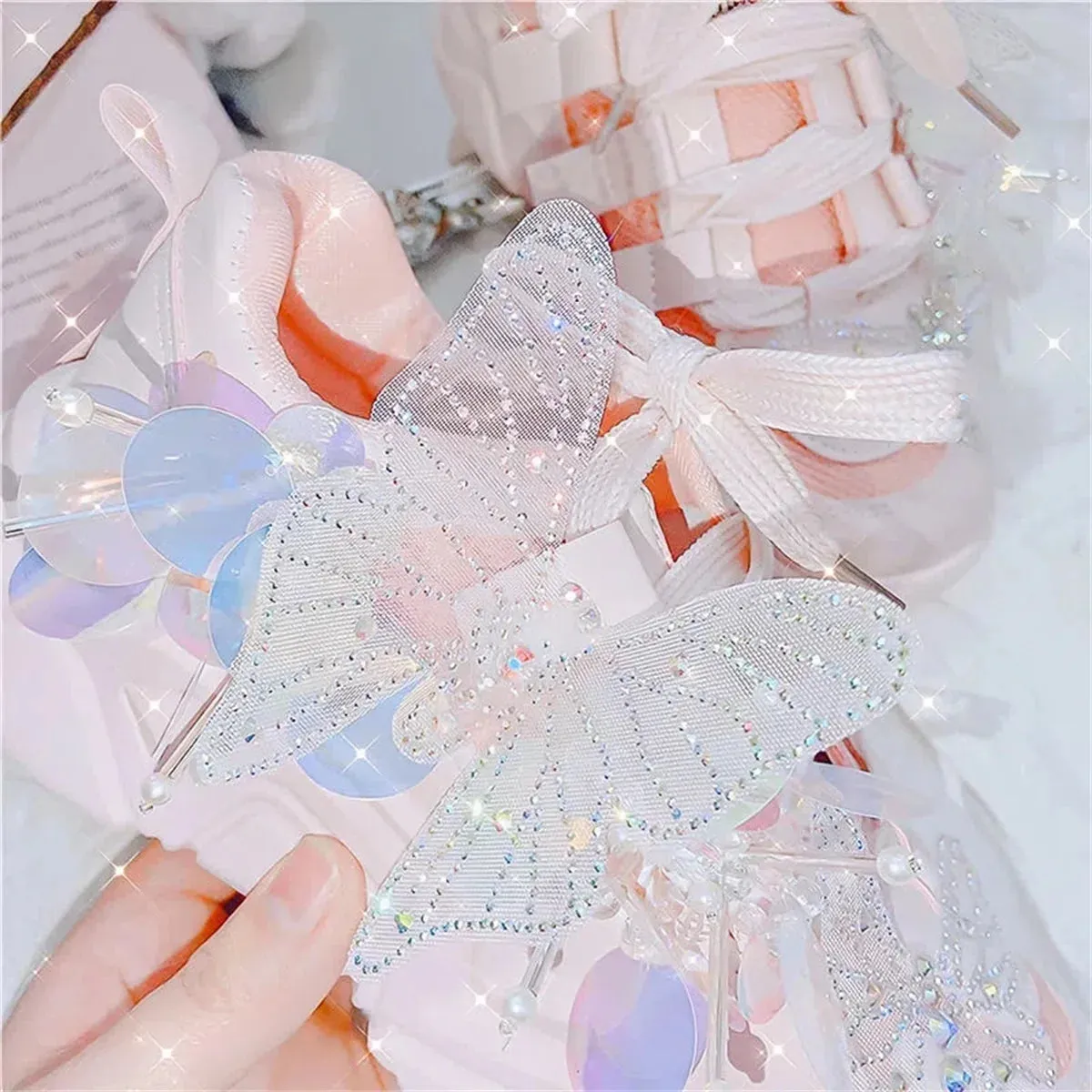 Sohiwoo Sweet Sports Style Shoes Cosplay Victoria Kawaii Girl  Round  Head  Mesh  Transparent Sequins Butterfly Thick Bottom Shoes