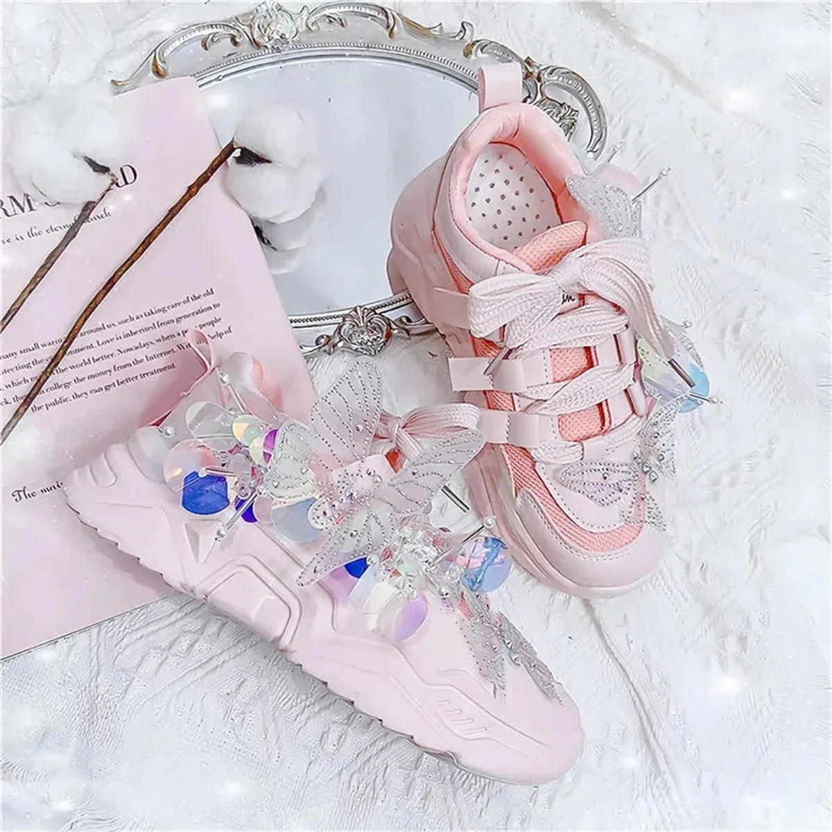 Sohiwoo Sweet Sports Style Shoes Cosplay Victoria Kawaii Girl  Round  Head  Mesh  Transparent Sequins Butterfly Thick Bottom Shoes