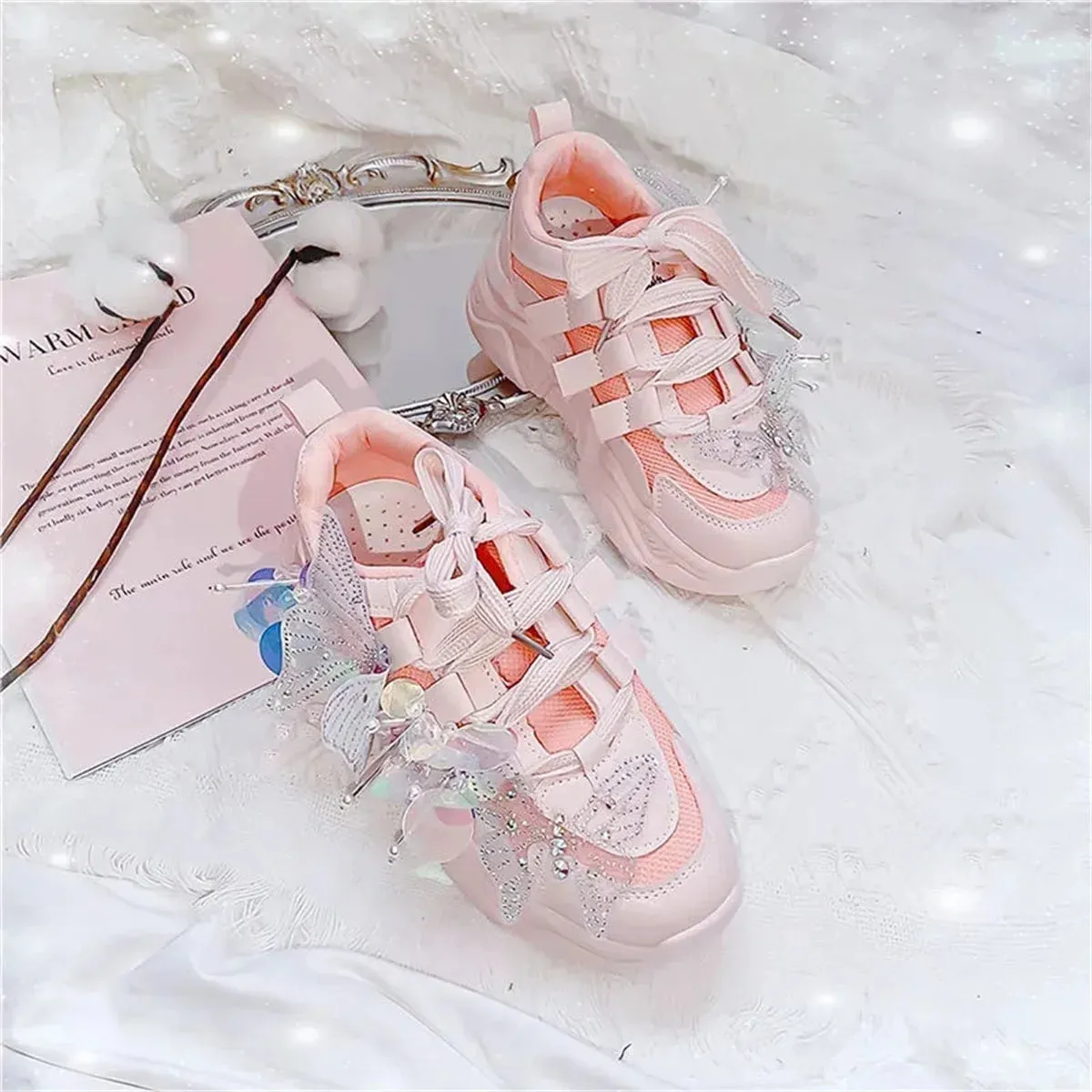 Sohiwoo Sweet Sports Style Shoes Cosplay Victoria Kawaii Girl  Round  Head  Mesh  Transparent Sequins Butterfly Thick Bottom Shoes
