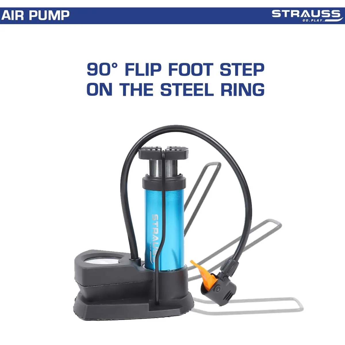 Strauss Portable High Pressure Foot Air Pump with Needle | Lightweight Compressor Air Pump for Car,Bike,Bicycle,Football,Scooter | Extra Pressure Gauge |Pump Fits Universal Presta and Schrader,(Blue)