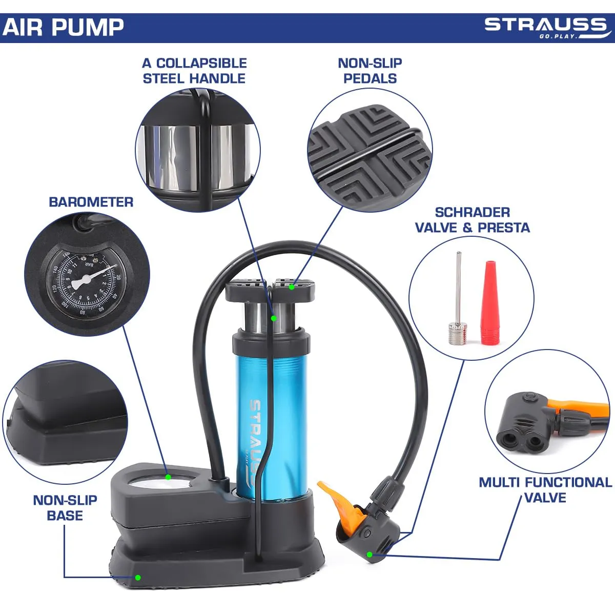 Strauss Portable High Pressure Foot Air Pump with Needle | Lightweight Compressor Air Pump for Car,Bike,Bicycle,Football,Scooter | Extra Pressure Gauge |Pump Fits Universal Presta and Schrader,(Blue)