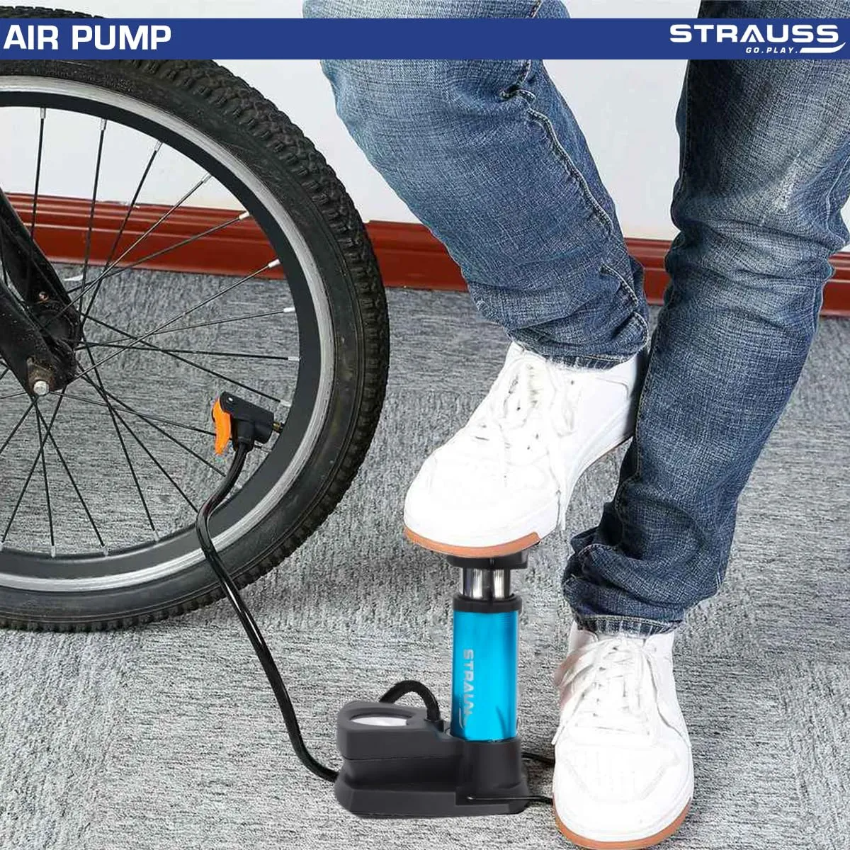 Strauss Portable High Pressure Foot Air Pump with Needle | Lightweight Compressor Air Pump for Car,Bike,Bicycle,Football,Scooter | Extra Pressure Gauge |Pump Fits Universal Presta and Schrader,(Blue)