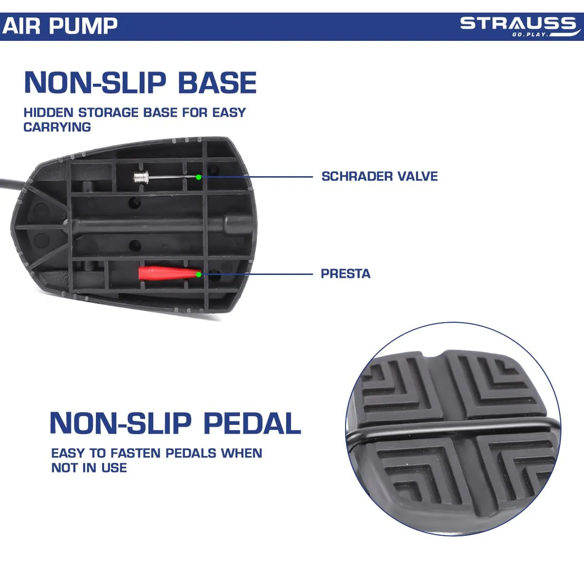 Strauss Portable High Pressure Foot Air Pump with Needle | Lightweight Compressor Air Pump for Car,Bike,Bicycle,Football,Scooter | Extra Pressure Gauge |Pump Fits Universal Presta and Schrader,(Blue)