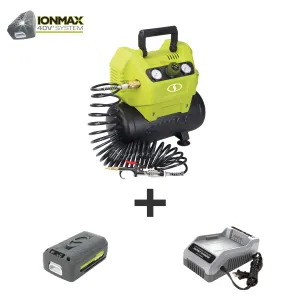 Sun Joe IONAIR 40-Volt iONMAX Cordless Air Compressor Kit  | 1.6-Gallon | Included Inflator Accessories | W/ 4.0-Ah Battery and Charger