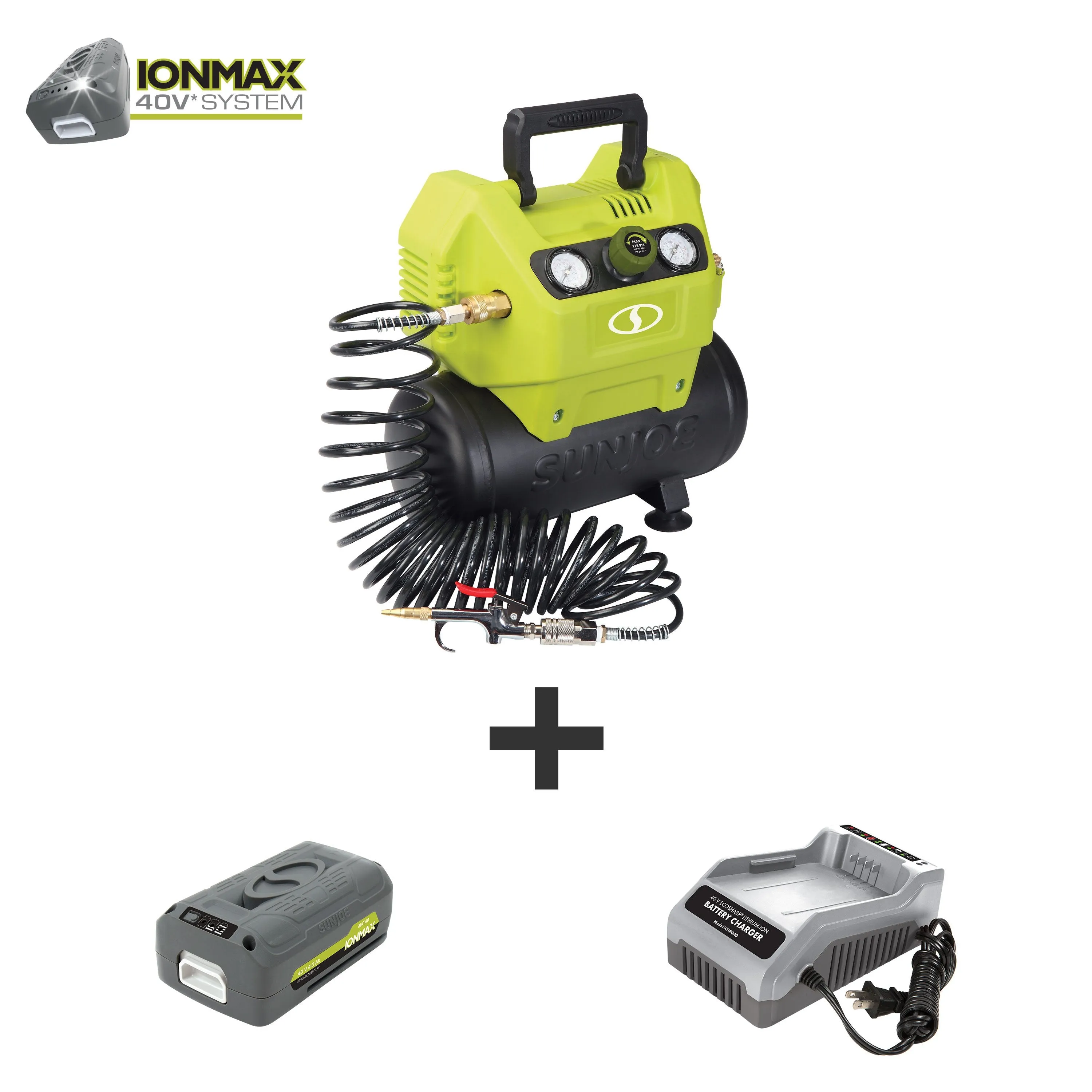 Sun Joe IONAIR 40-Volt iONMAX Cordless Air Compressor Kit  | 1.6-Gallon | Included Inflator Accessories | W/ 4.0-Ah Battery and Charger