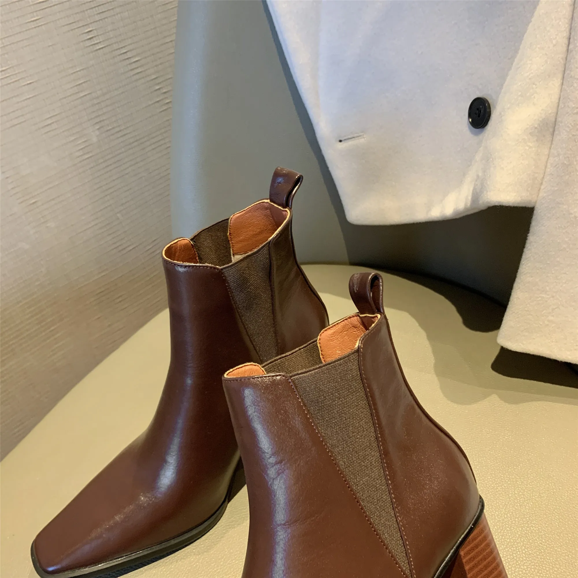 TinaCus Women's Genuine Leather Square Toe Handmade Block Heel Elastic Slip On Vintage Ankle Boots