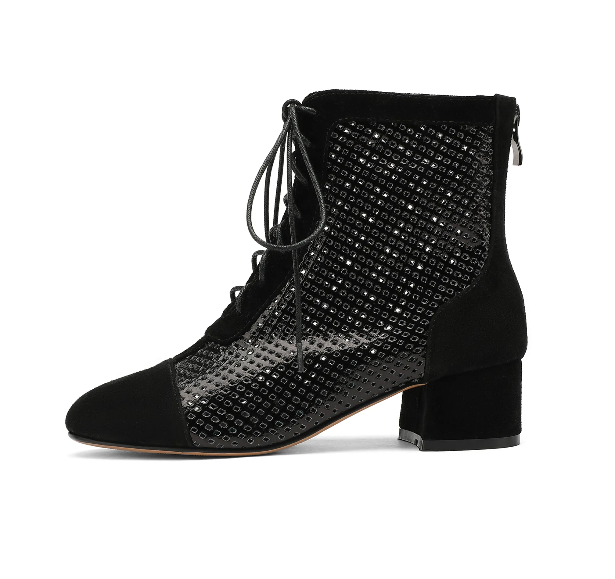 TinaCus Women's Leather Summer Autumn Lace Handmade Hollow Boots Summer Boots Low Chunky Heels Lace/Zip Up Mesh Chic Booties
