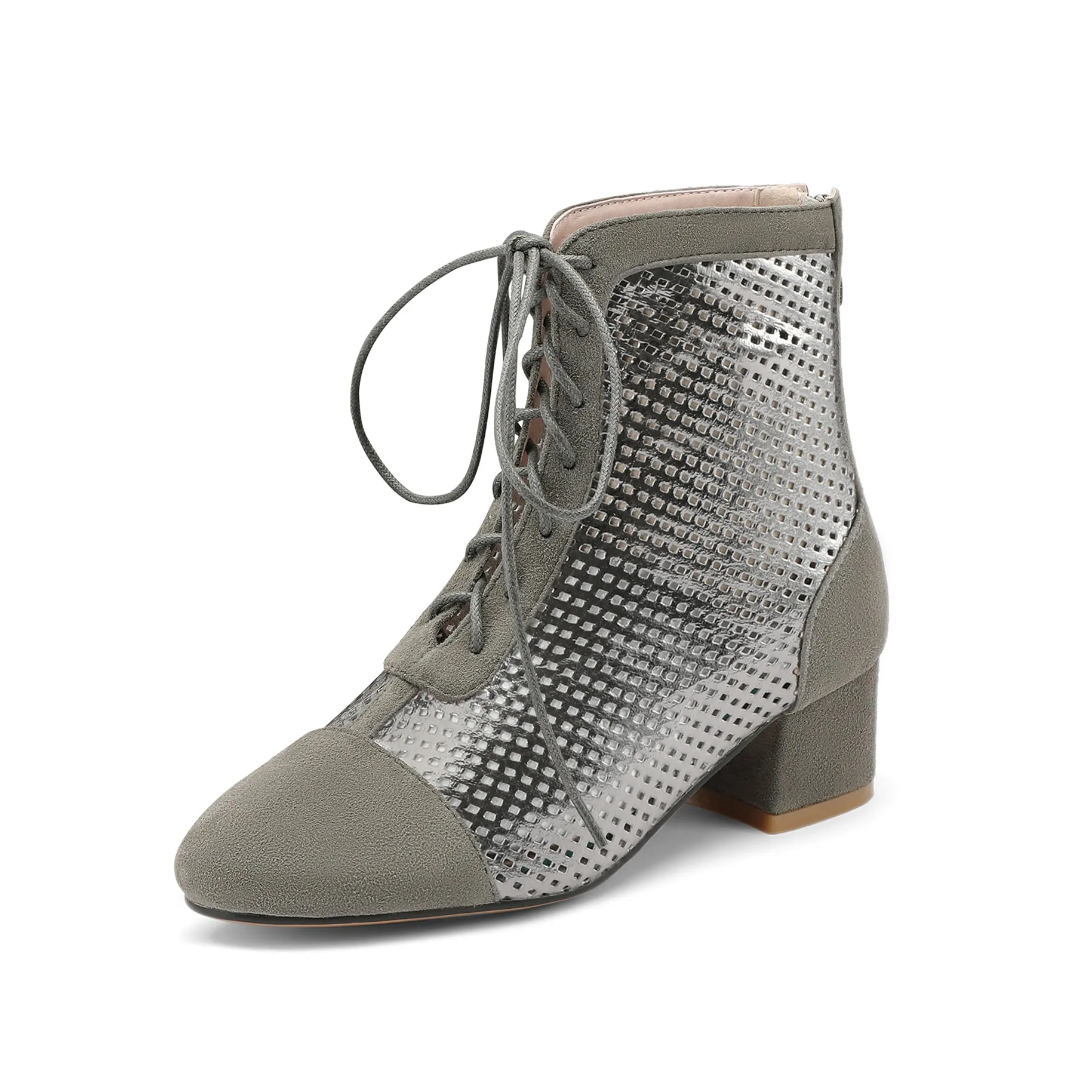 TinaCus Women's Leather Summer Autumn Lace Handmade Hollow Boots Summer Boots Low Chunky Heels Lace/Zip Up Mesh Chic Booties