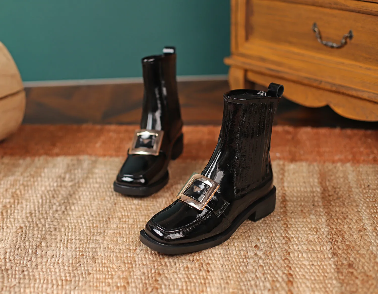 TinaCus Women's Square Toe Patent Leather Handmade Buckle Low Heels Slip On Casual Ankle Boots