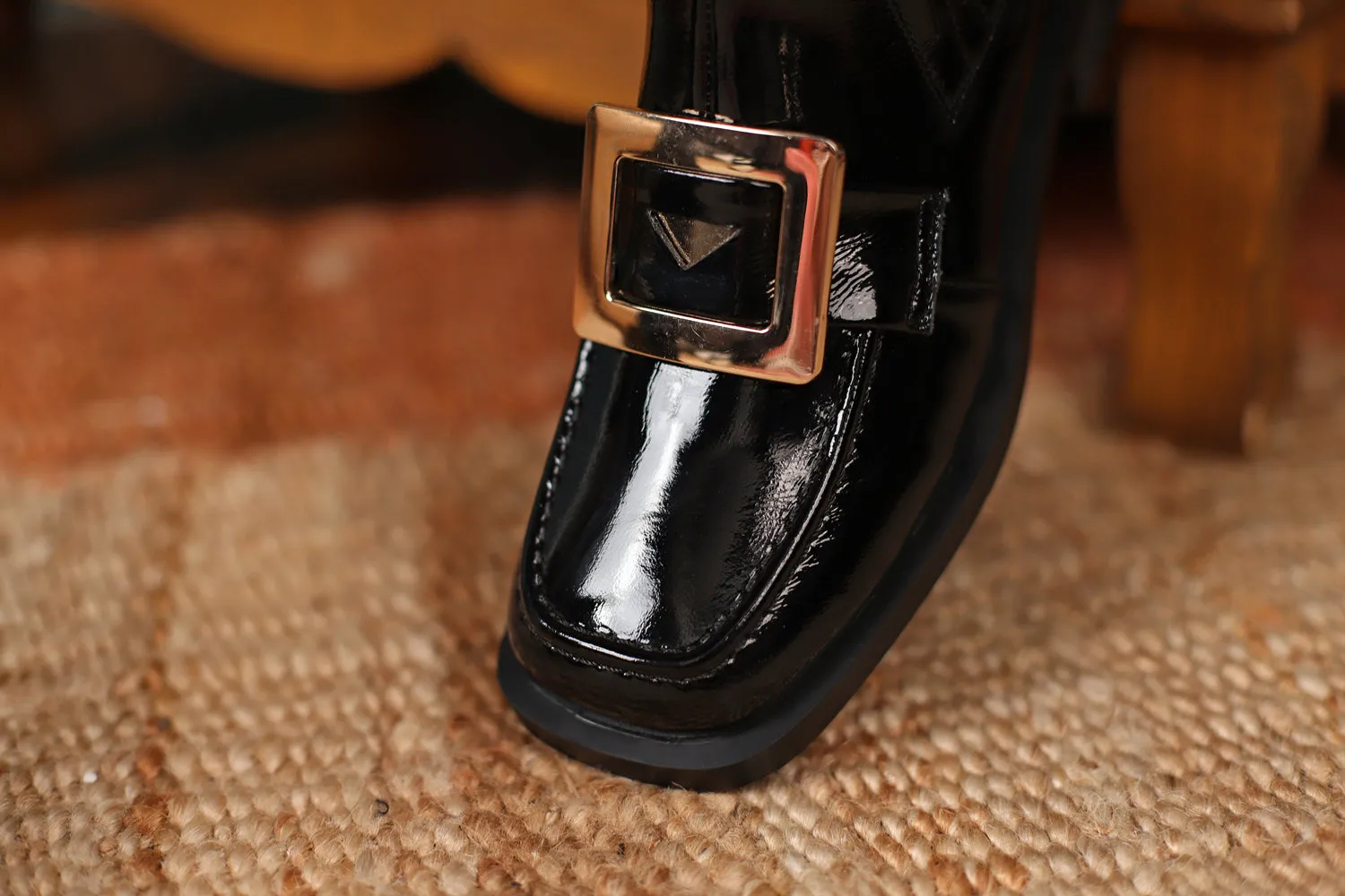 TinaCus Women's Square Toe Patent Leather Handmade Buckle Low Heels Slip On Casual Ankle Boots