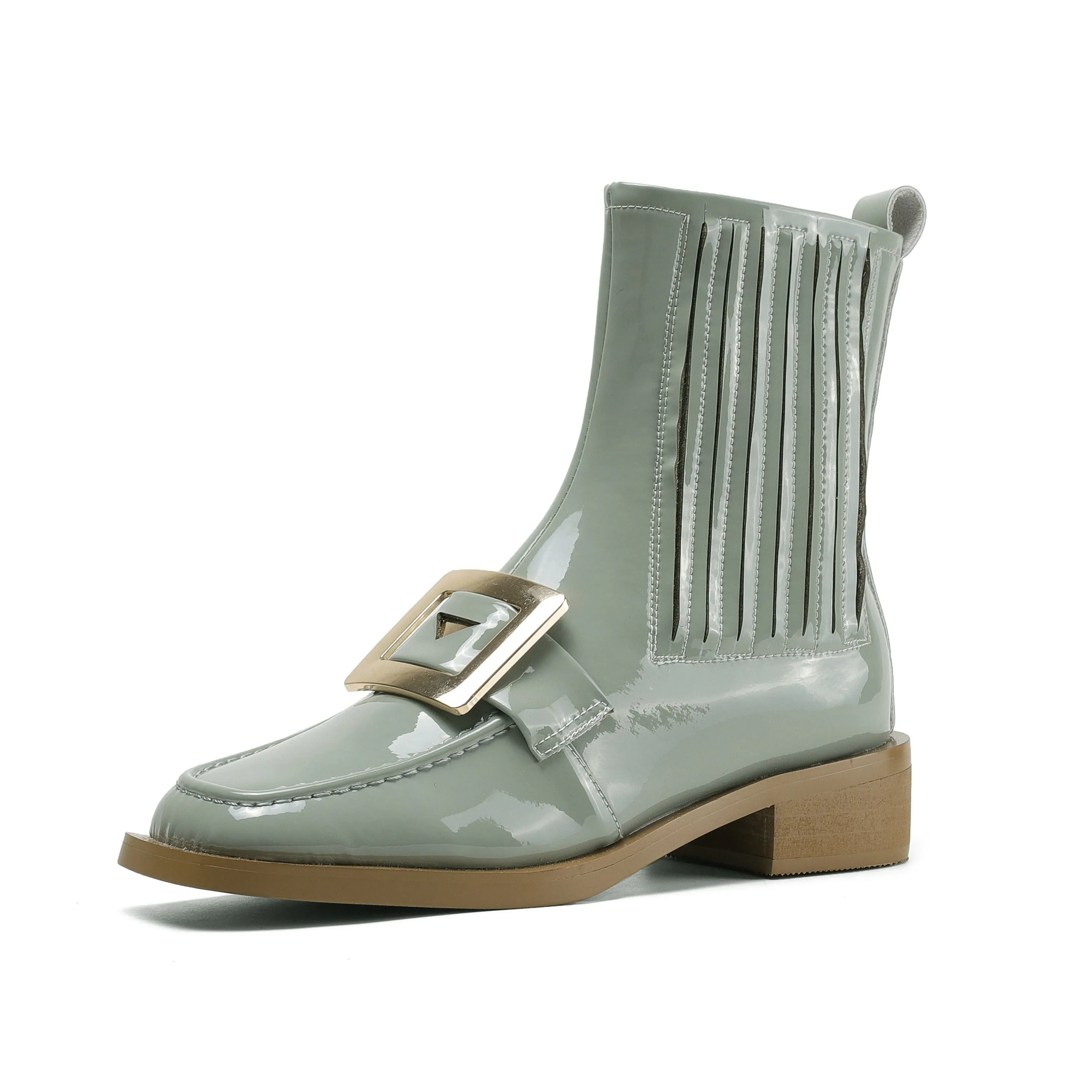 TinaCus Women's Square Toe Patent Leather Handmade Buckle Low Heels Slip On Casual Ankle Boots