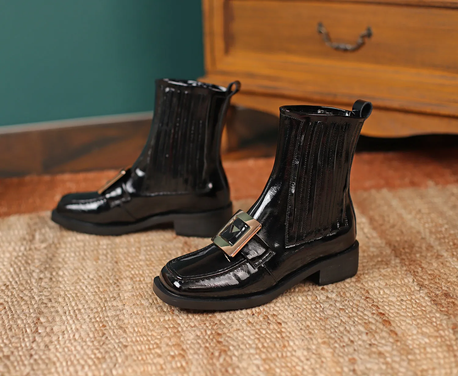 TinaCus Women's Square Toe Patent Leather Handmade Buckle Low Heels Slip On Casual Ankle Boots