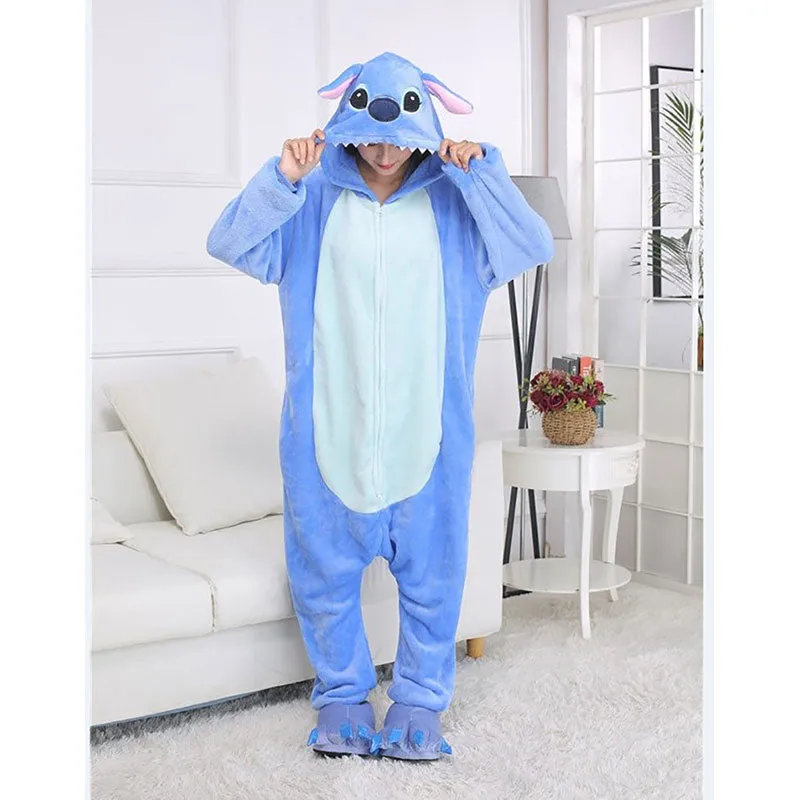 Unisex Zipper Onesie Blue Pajama  Animal Kigurumis Women Winter Warm Sleep Suit Couple Overall Soft Flannel Cuten Plus Size XXL