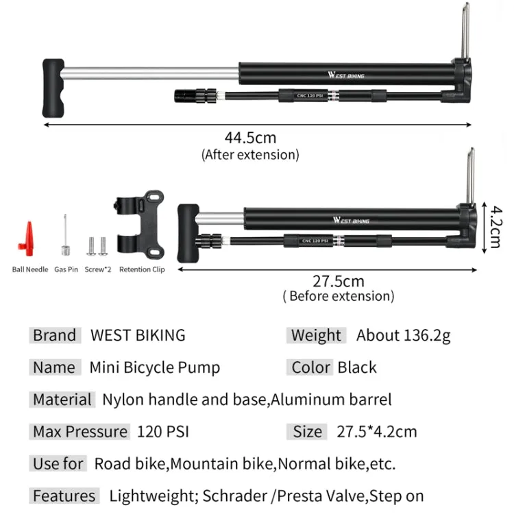 WEST BIKING High Pressure Bicycle Vertical Pump With Barometer