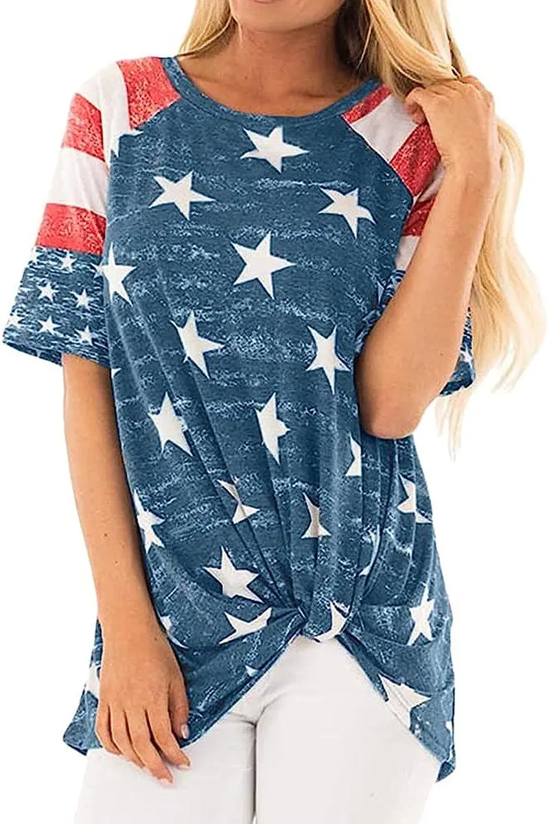 Womens American Flag Shirt USA Flag Stars Stripes Print Short Sleeve July 4th Patriotic Graphic Tees Tops