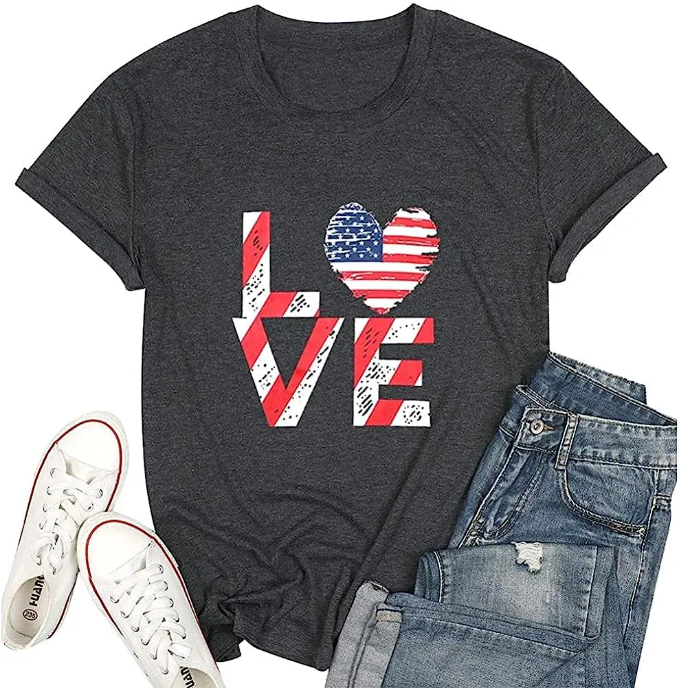 Womens American Flag Shirt USA Flag Stars Stripes Print Short Sleeve July 4th Patriotic Graphic Tees Tops