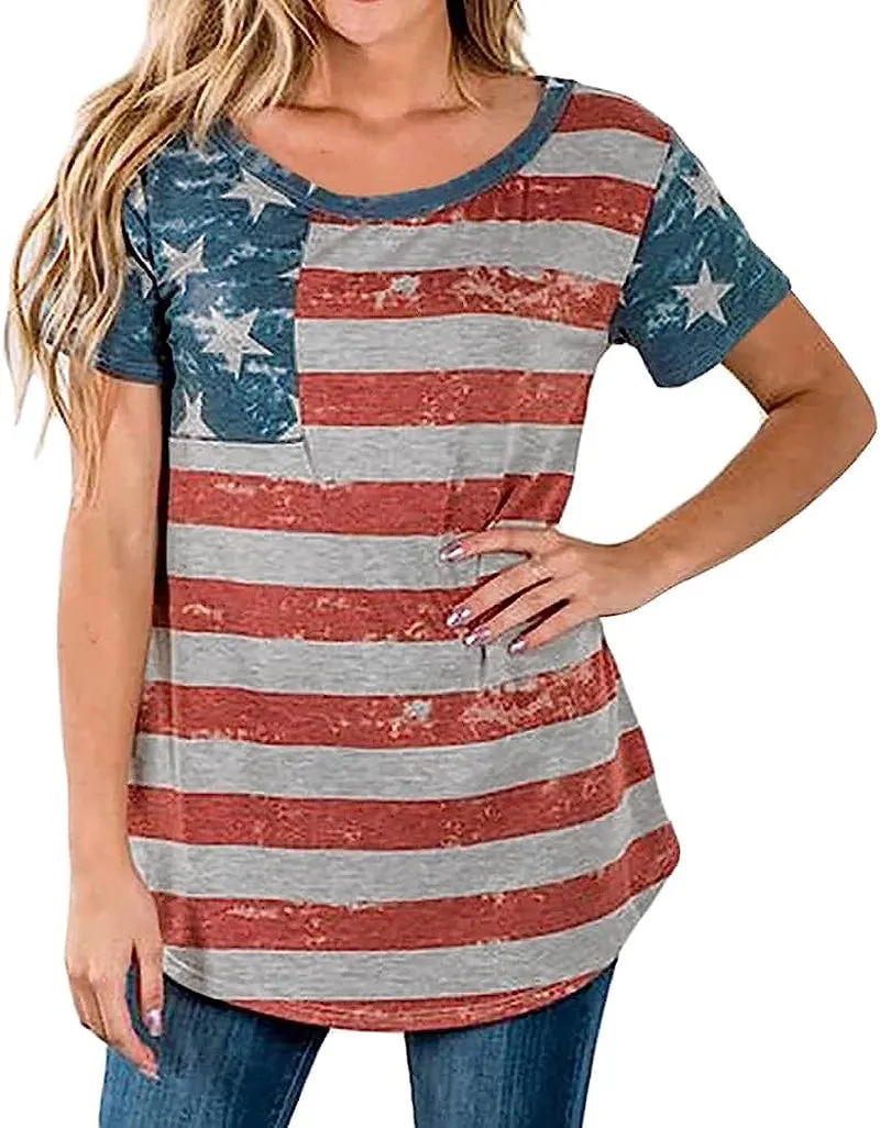 Womens American Flag Shirt USA Flag Stars Stripes Print Short Sleeve July 4th Patriotic Graphic Tees Tops