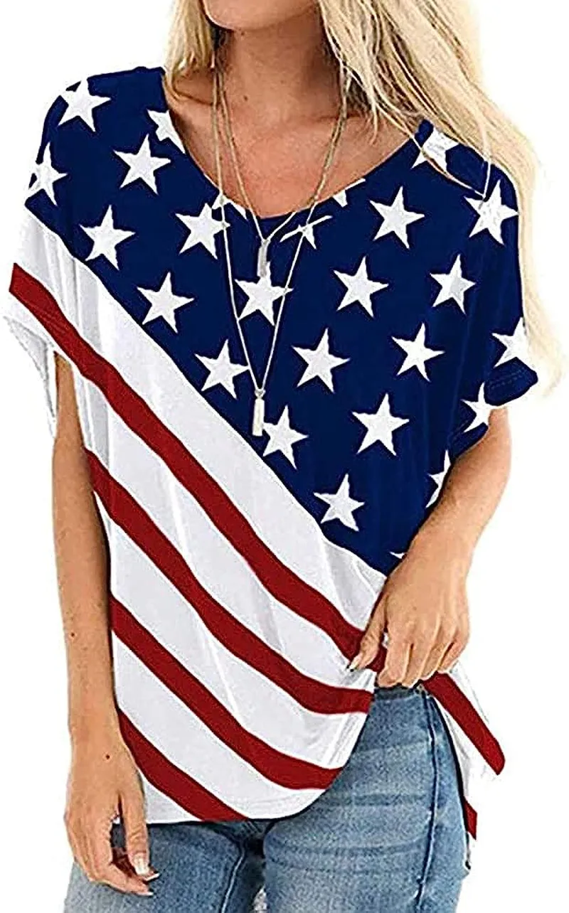 Womens American Flag Shirt USA Flag Stars Stripes Print Short Sleeve July 4th Patriotic Graphic Tees Tops