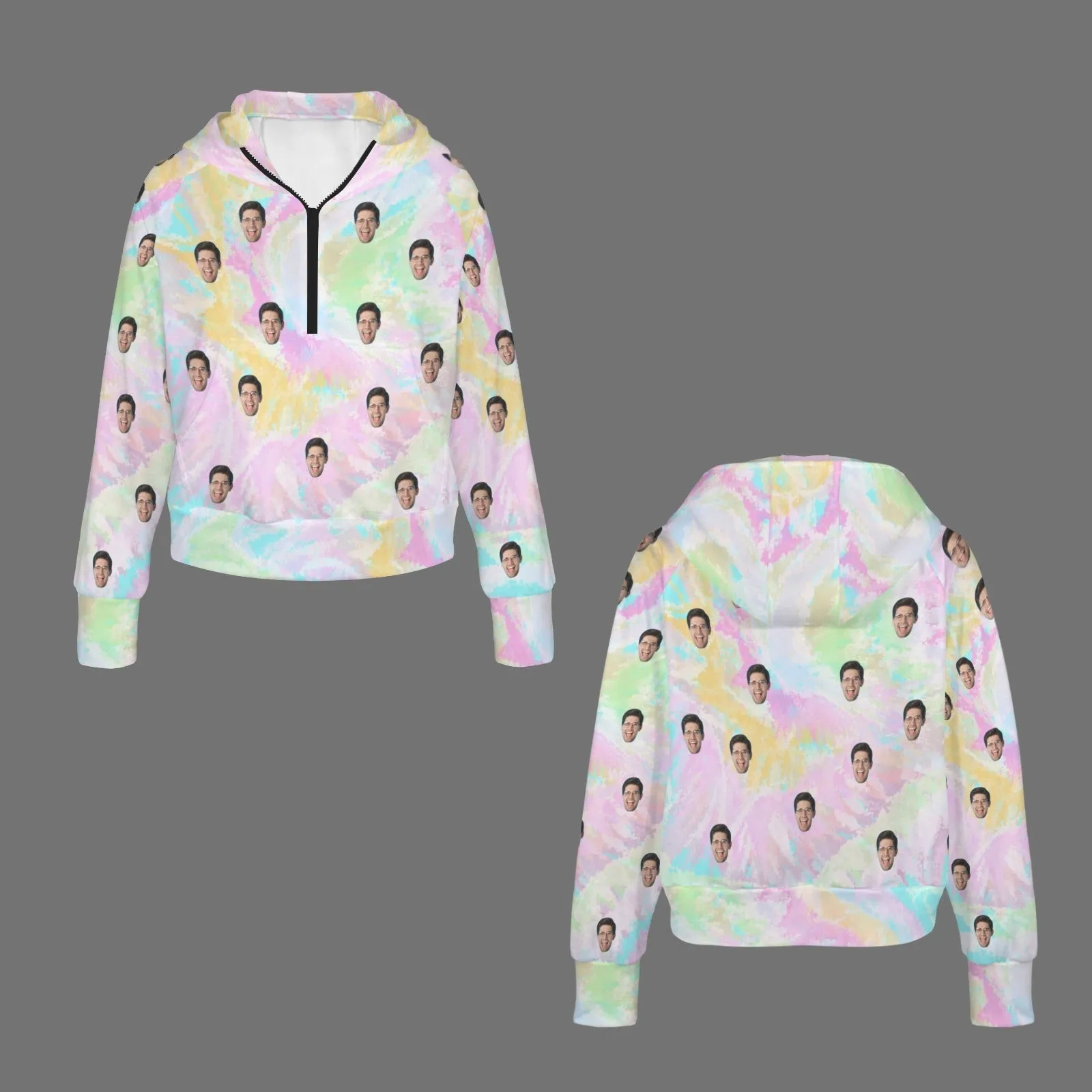 Women's Half Zip Cropped Hoodies Custom Face Colorful Fleece Athletic Pullover Hoodies with Pockets Thumb Hole