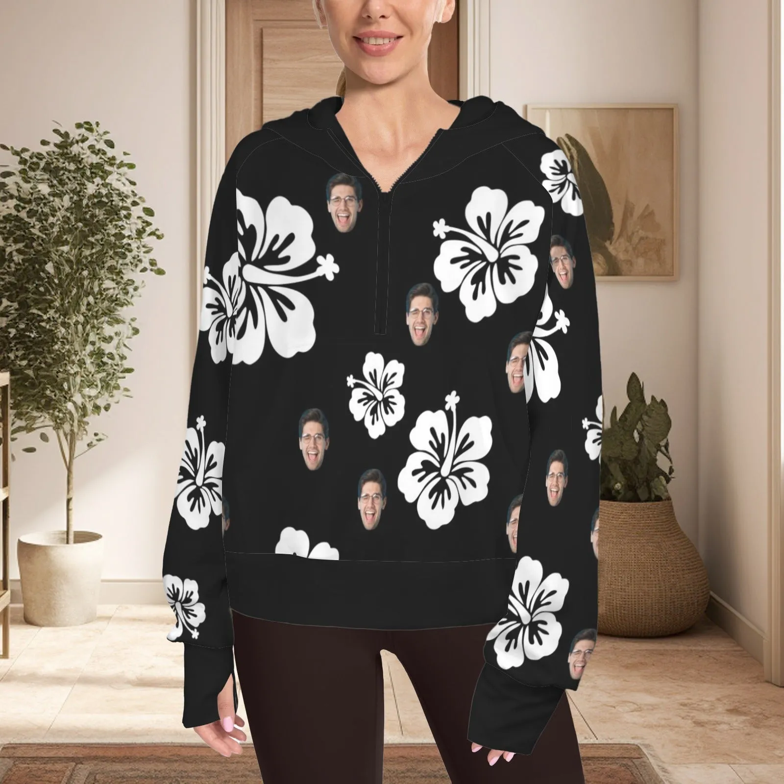 Women's Half Zip Cropped Hoodies Custom Face Flowers Fleece Athletic Pullover Hoodies with Pockets Thumb Hole