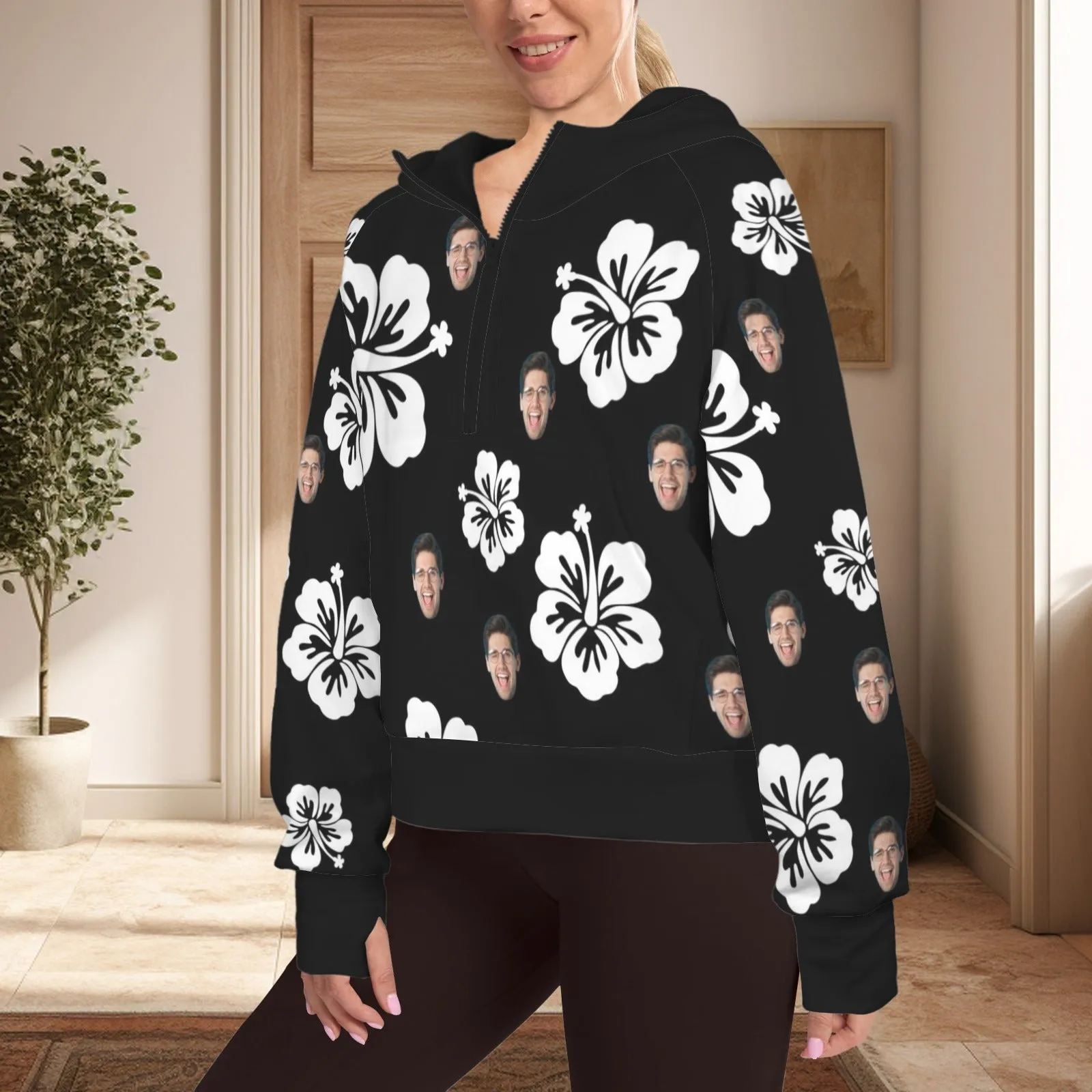 Women's Half Zip Cropped Hoodies Custom Face Flowers Fleece Athletic Pullover Hoodies with Pockets Thumb Hole