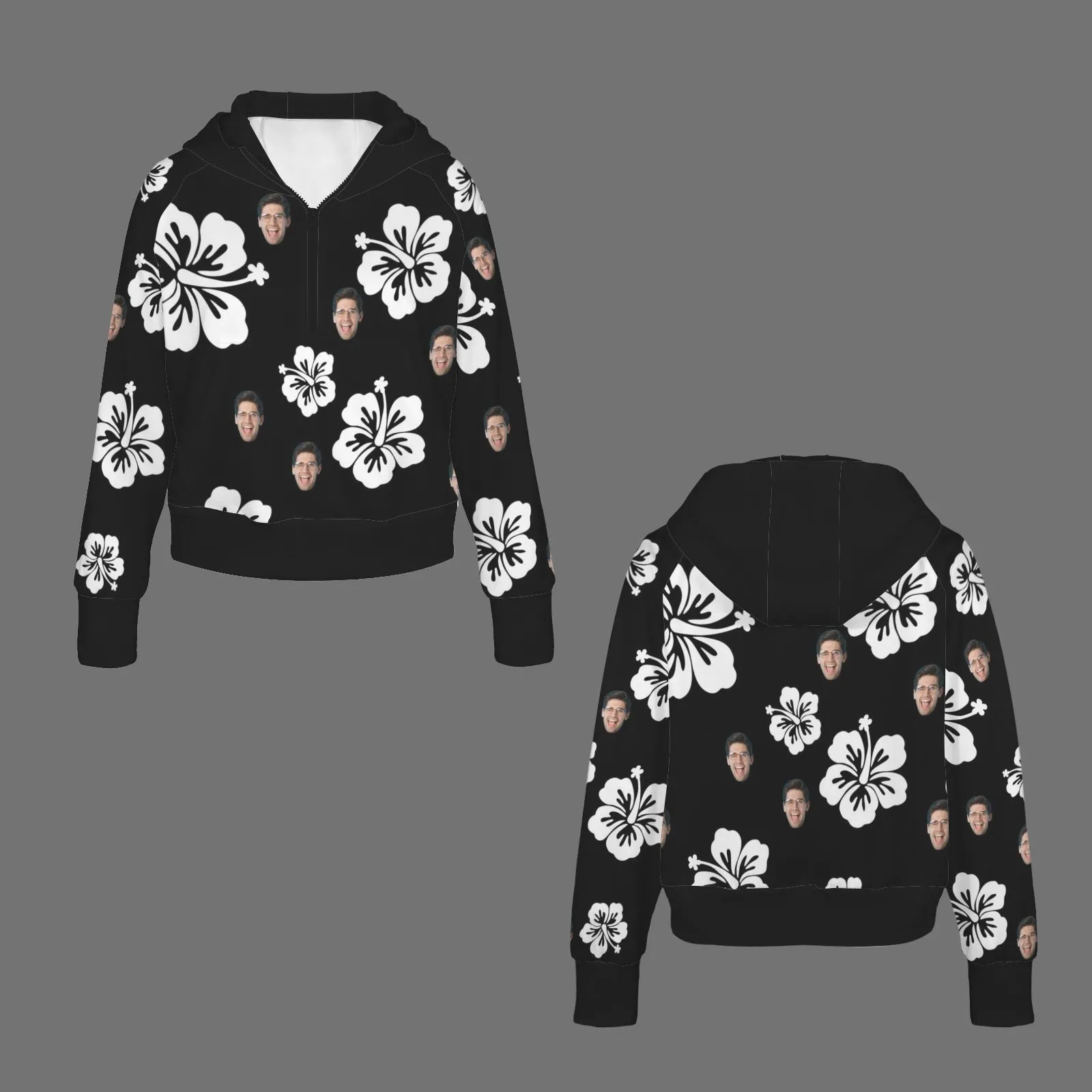 Women's Half Zip Cropped Hoodies Custom Face Flowers Fleece Athletic Pullover Hoodies with Pockets Thumb Hole