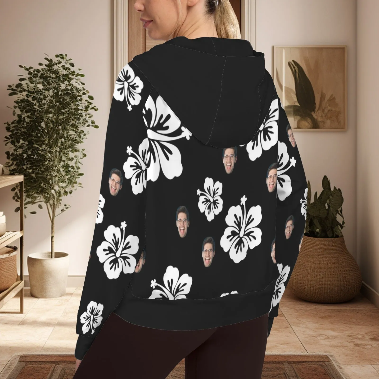 Women's Half Zip Cropped Hoodies Custom Face Flowers Fleece Athletic Pullover Hoodies with Pockets Thumb Hole