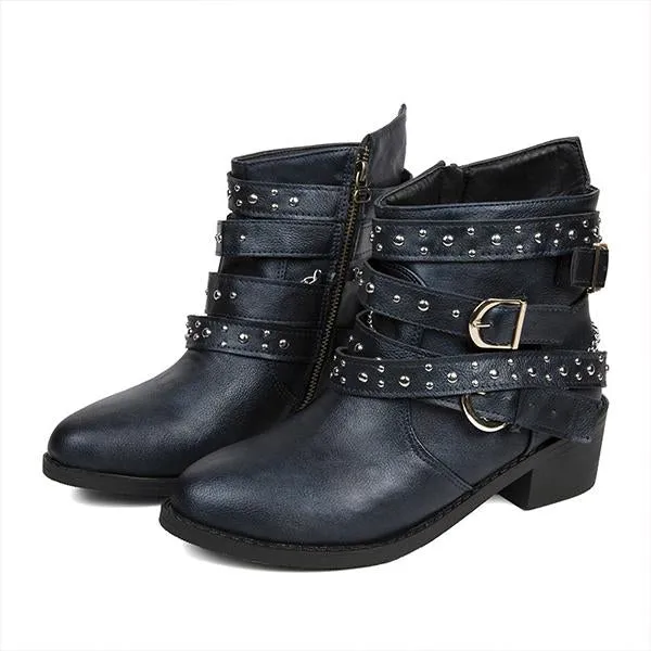 Women's Retro Chain Rivet Buckle Chunky Heel Short Boots 48776453S