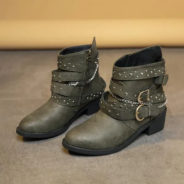 Women's Retro Chain Rivet Buckle Chunky Heel Short Boots 48776453S