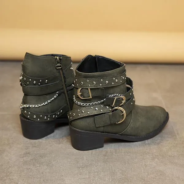Women's Retro Chain Rivet Buckle Chunky Heel Short Boots 48776453S