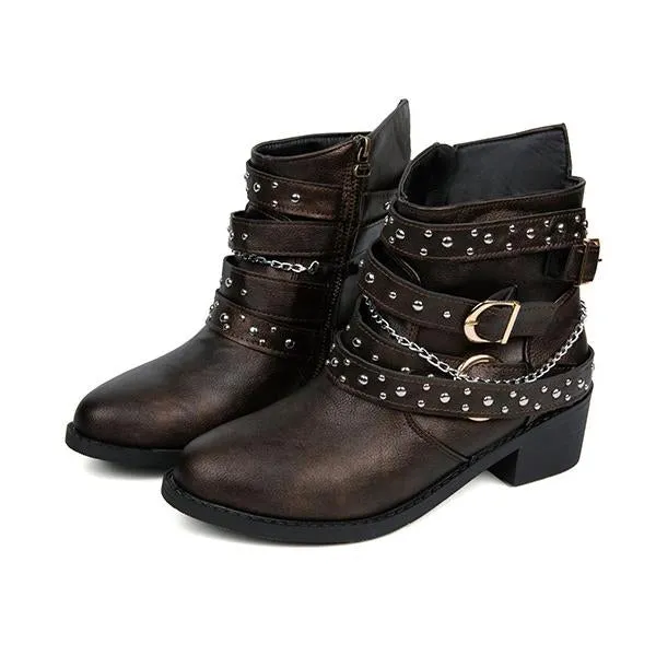 Women's Retro Chain Rivet Buckle Chunky Heel Short Boots 48776453S