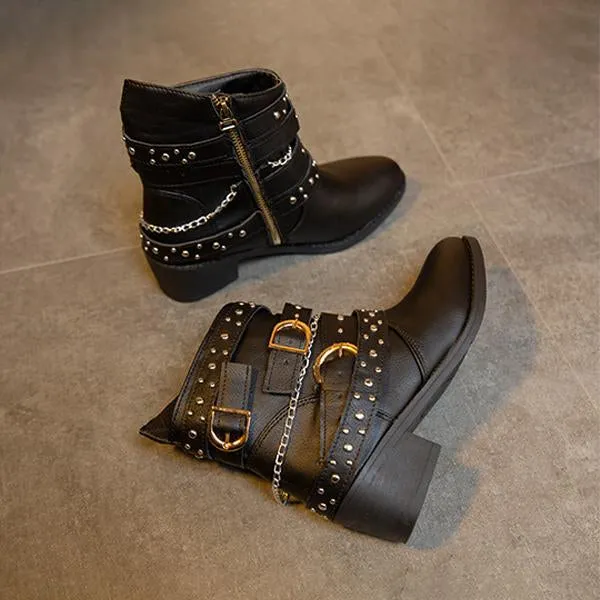 Women's Retro Chain Rivet Buckle Chunky Heel Short Boots 48776453S