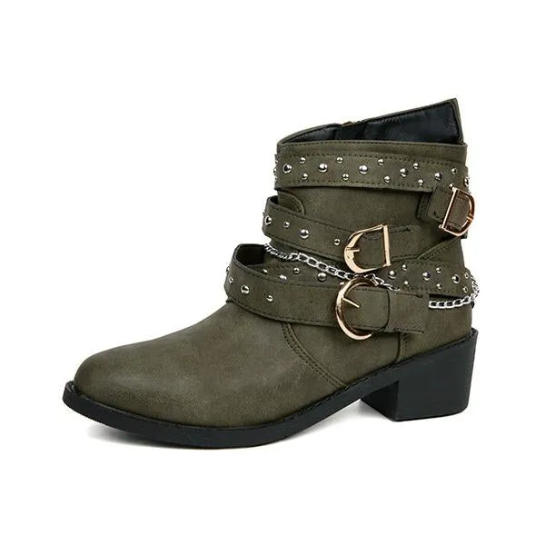 Women's Retro Chain Rivet Buckle Chunky Heel Short Boots 48776453S