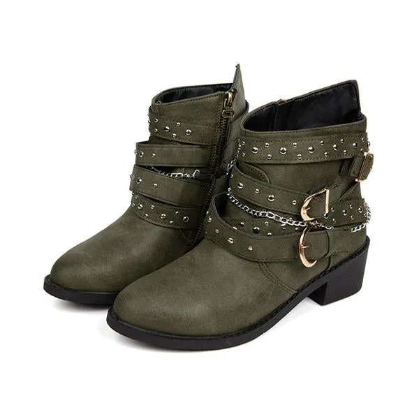 Women's Retro Chain Rivet Buckle Chunky Heel Short Boots 48776453S