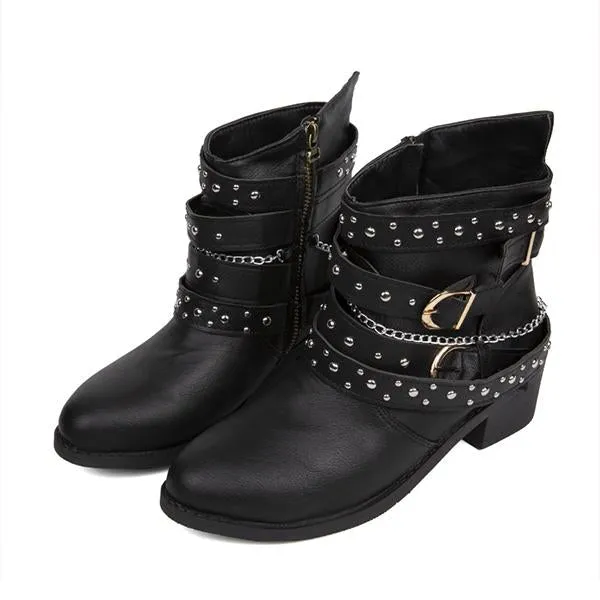 Women's Retro Chain Rivet Buckle Chunky Heel Short Boots 48776453S