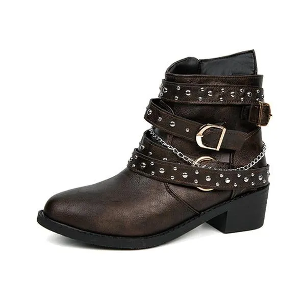 Women's Retro Chain Rivet Buckle Chunky Heel Short Boots 48776453S