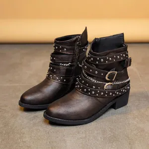 Women's Retro Chain Rivet Buckle Chunky Heel Short Boots 48776453S