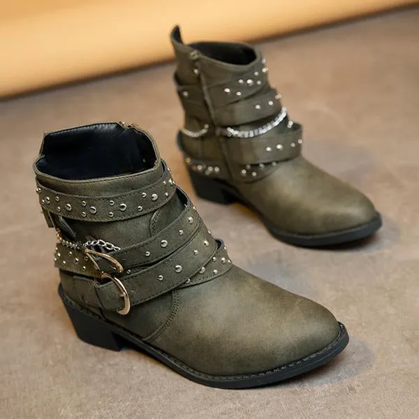 Women's Retro Chain Rivet Buckle Chunky Heel Short Boots 48776453S