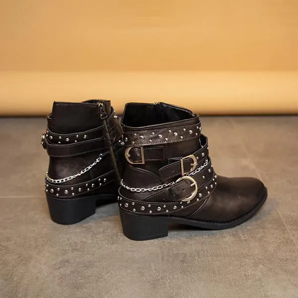 Women's Retro Chain Rivet Buckle Chunky Heel Short Boots 48776453S