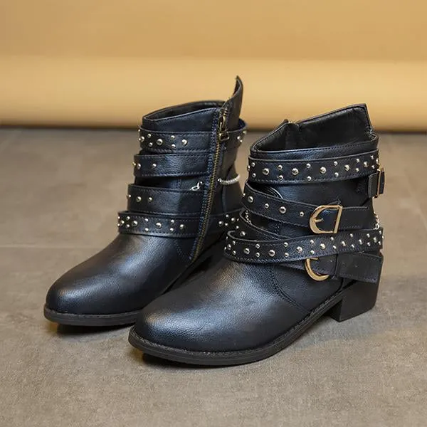 Women's Retro Chain Rivet Buckle Chunky Heel Short Boots 48776453S