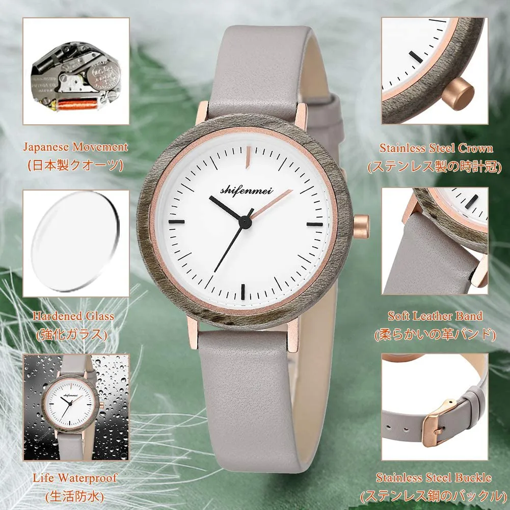 Wooden Watch Women, shifenmei Lightweight Ladies Watch Handmade Personalized Engraved Wood Watch for Women Analog Quartz Custom Wrist Watches with Natural Exquisite Box